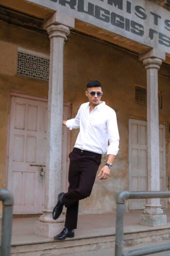 White Slim-Fit Shirt with Brown Tailored Trousers