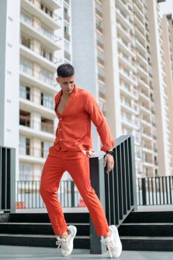 Burnt Orange Buttoned Co-ord Set with Open Collar