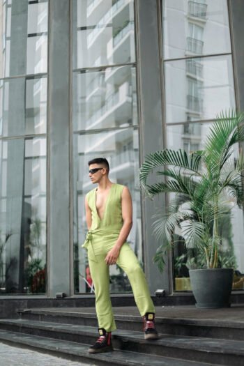 Olive Green Wrap Jumpsuit with Deep V-Neck