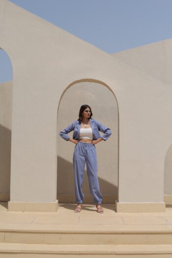 SkyBlue Satin Lounge Set (Cropped Blazer + Pants)