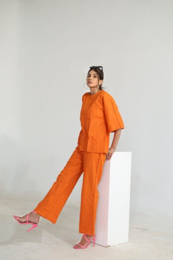 Vibrant Orange Casual Shirt & Pants CoOrd Set